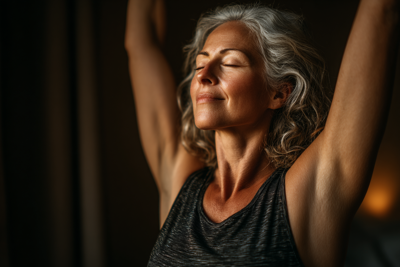 Grădina comunitară FlowGarden cu participanți mature practicând yoga în aer liber