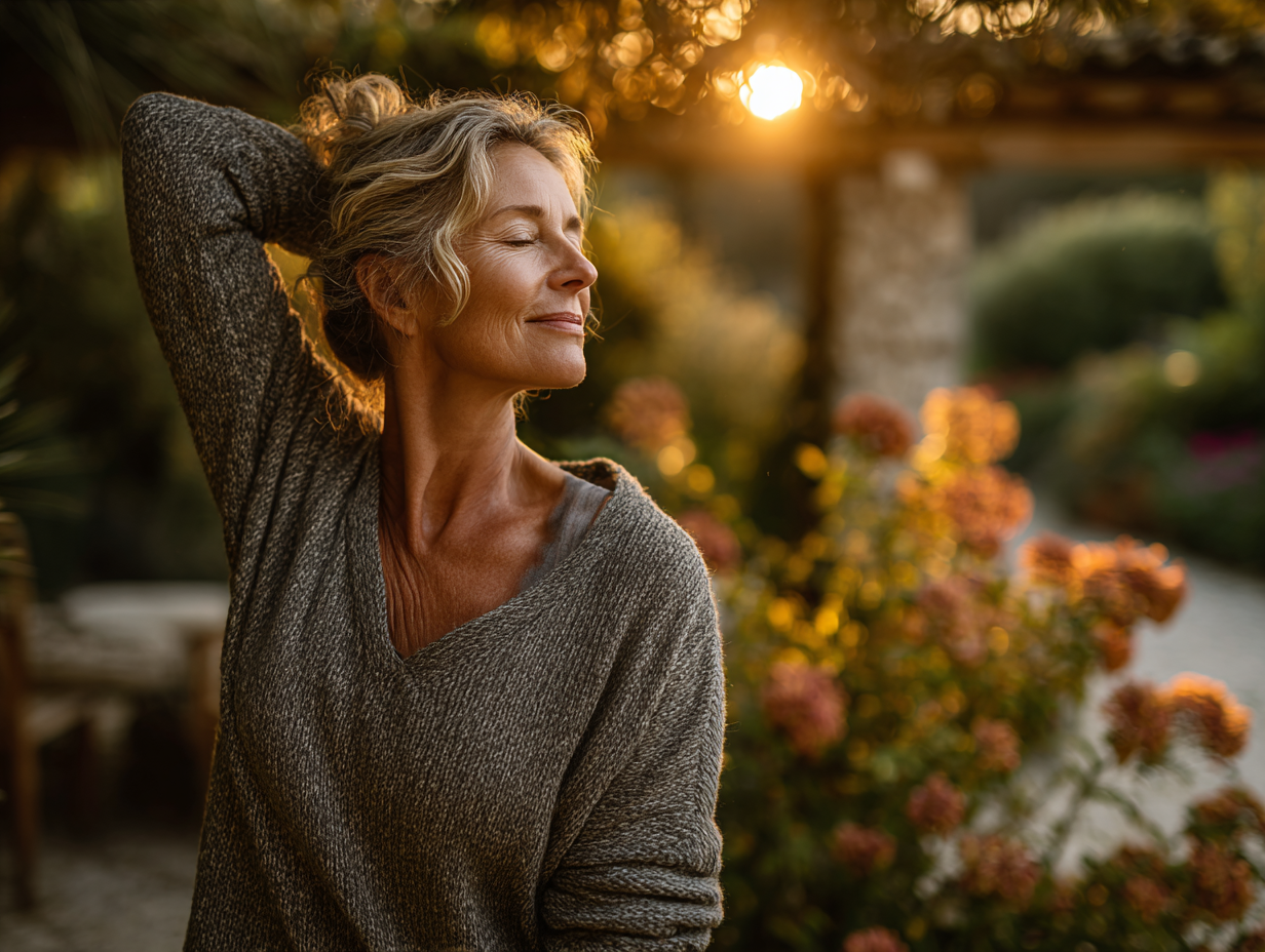 Femeie mature practicând yoga în grădina comunitară FlowGarden